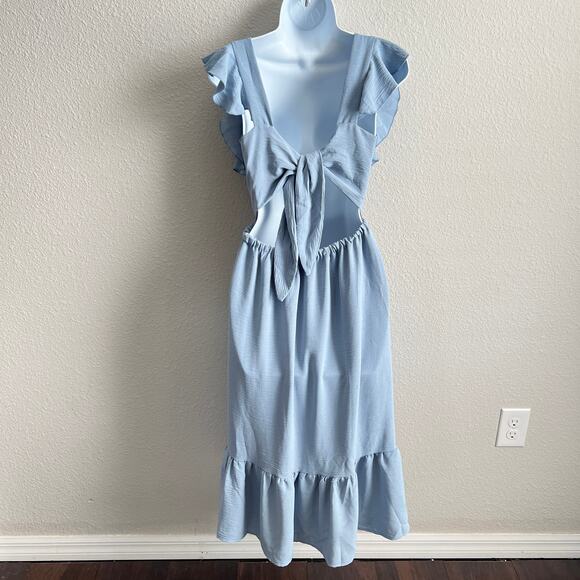 Bishop & Young Sea Blue Santorini Midi Ruffle Dress Women's XS Coquette Cottage - Picture 6 of 9